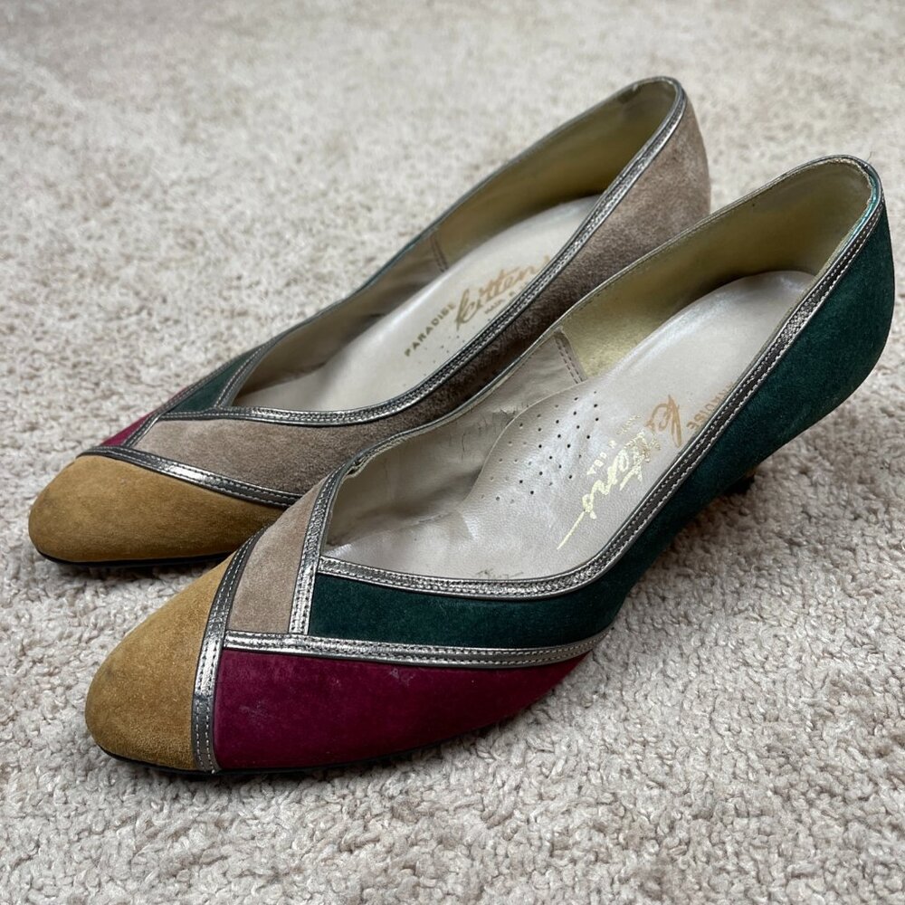 Paradise Kittens Heels Women 8 Colorblock Suede Leather Vintage USA Low Dance